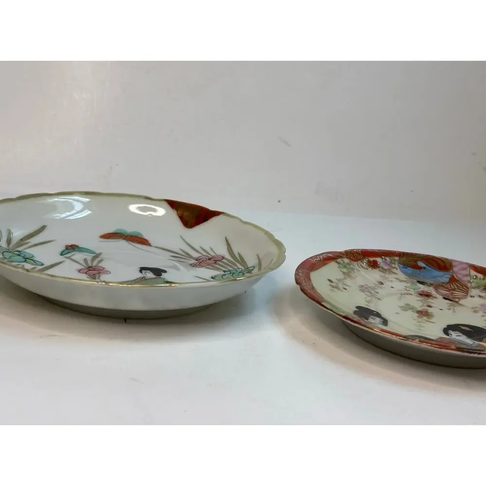 Vintage Japanese Porcelain Geisha Saucers Trinket Bowls Kutani Style Set 2